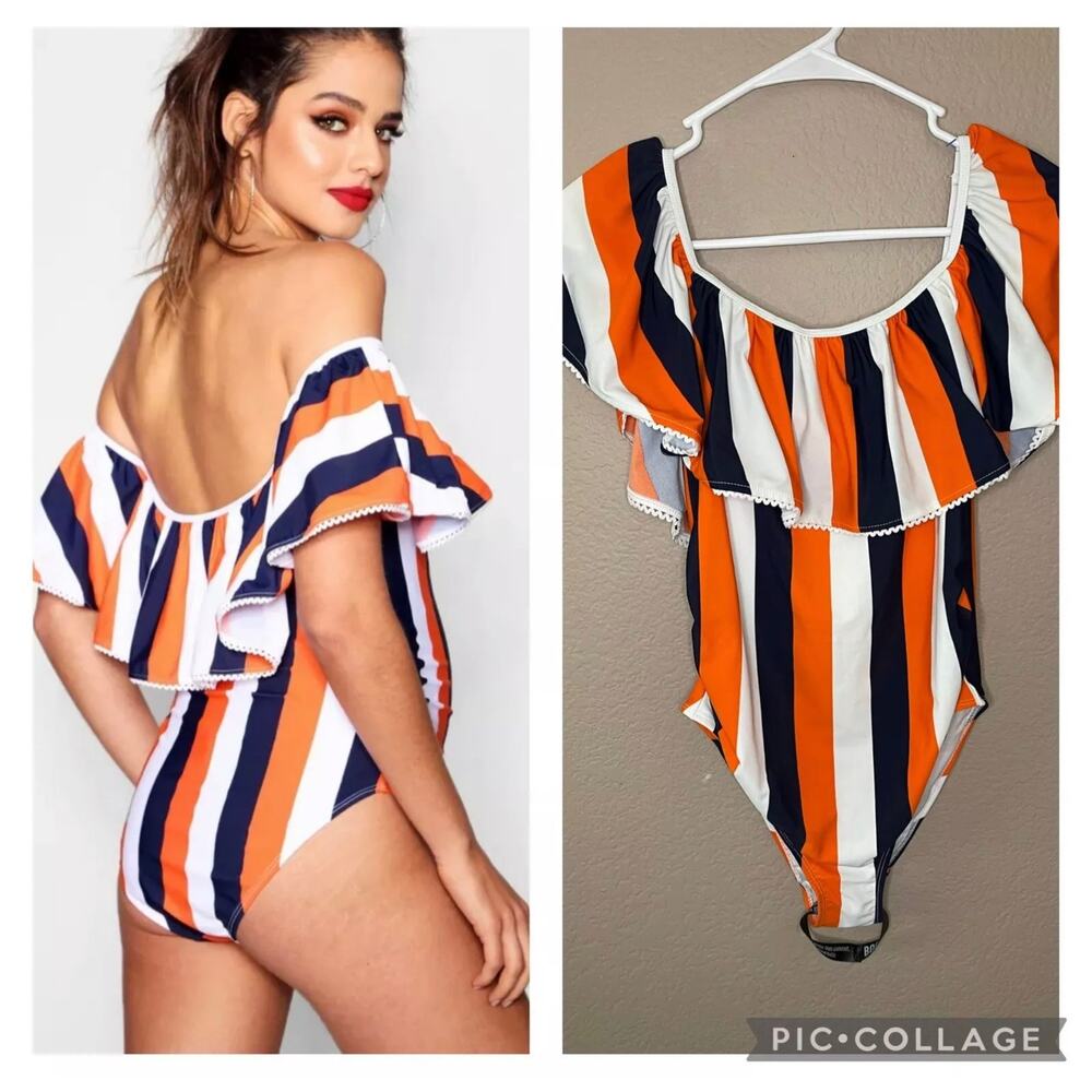 Boohoo Orange Navy White Striped Off-Shoulder One-Piece Swimsuit